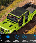 Coverspec JT sun shade roof installed on Jeep Gladiator 4-Door (2018–2023), full-length black mesh sun blocker