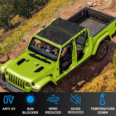 Coverspec JT sun shade roof installed on Jeep Gladiator 4-Door (2018–2023), full-length black mesh sun blocker