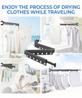 Heavy Duty RV Clothes Drying Rack With Four Telescoping Sections on camper ladder, showing 360 rotation and windproof design.
