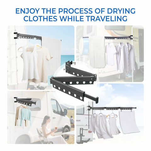 Heavy Duty RV Clothes Drying Rack With Four Telescoping Sections on camper ladder, showing 360 rotation and windproof design.
