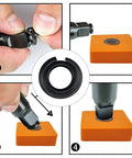 Heavy Duty 1/2 And 3/8 In Impact Wrench Retainer Rings With O Rings shown during installation steps on tools.