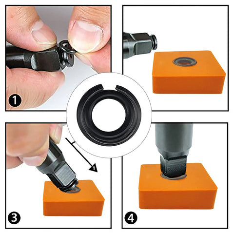 Heavy Duty 1/2 And 3/8 In Impact Wrench Retainer Rings With O Rings shown during installation steps on tools.