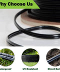 Low Voltage Landscape Wire 16/2, 100 Feet, 16 Gauge 2 Conductor Cable highlighting waterproof, UV resistant, direct burial features