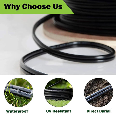 Low Voltage Landscape Wire 16/2, 100 Feet, 16 Gauge 2 Conductor Cable highlighting waterproof, UV resistant, direct burial features