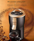 Automatic Coffee Maker With Built-In Bean Grinder For Home Use brewing coffee, surrounded by coffee beans and powder