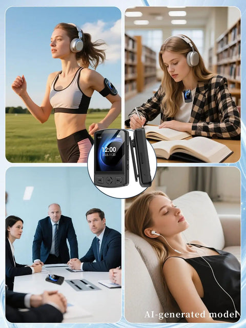 People using Clip-On 64GB MP3 Player With Bluetooth 5.2 On-The-Go in outdoor, study, business, and relaxation settings.