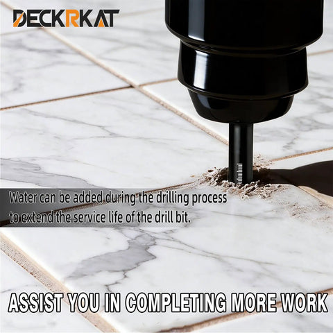 Ten Pack Dry Diamond Drill Bits With 6mm Diameter Quarter Inch Shank Vacuum Brazed Hole Saws drilling into marble tile.