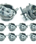 Real Deal Heavy Duty Zinc Alloy Conduit Clamps 3/4 Inch Cable Connectors in a pack of ten, showing durable zinc construction.