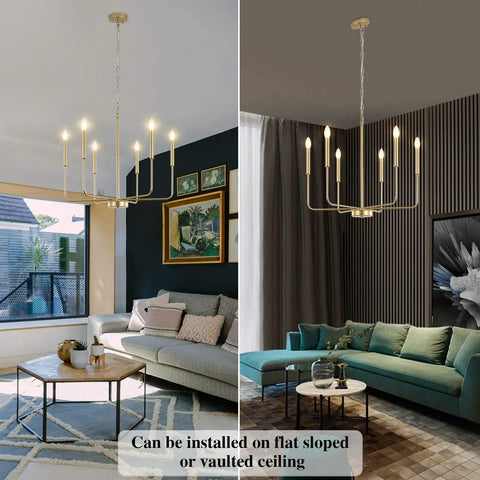Dope Gold 6-Light Farmhouse Chandelier Ceiling Pendant Light for Dining with brushed gold finish in living room.