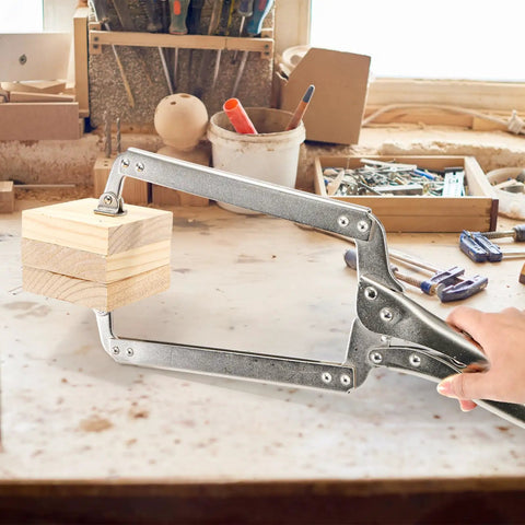 3 Pack 18 Inch Deep C Clamps With Swivel Pads, heavy duty welding clamp gripping a wooden block in a woodworking shop.