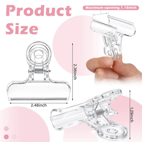 Clear Two Point Four Inch Balloon Arch Clips 12 Pack Heavy Duty Plastic Spring Clamps dimensions and hand-held view