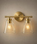 2 Light Gold Brass Vanity Wall Lights Over Mirror With Clear Glass Shades For Bathroom Kitchen And Living Room Durable Anti Rust Finish Damp Location Rated Modern Sconce Lighting