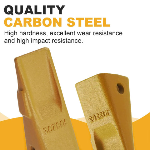 Close-up of heavy duty excavator bucket teeth with pins and retainers 5 pack for skid steer tractor backhoe compatible with J200 series