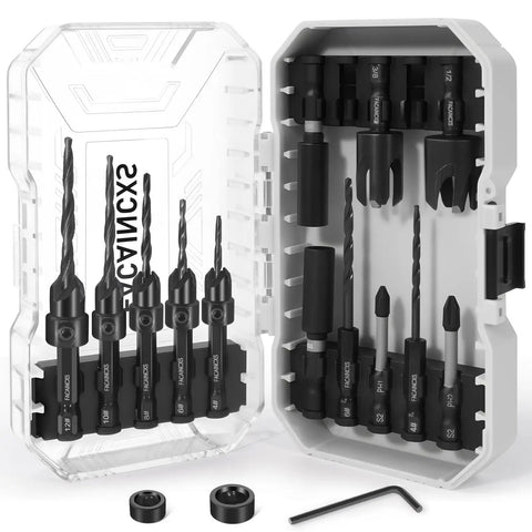 Woodworking Countersink Drill Bit Set, 16 Piece High Speed Steel Bits For Wood with storage box and hex shank wood plug cutters