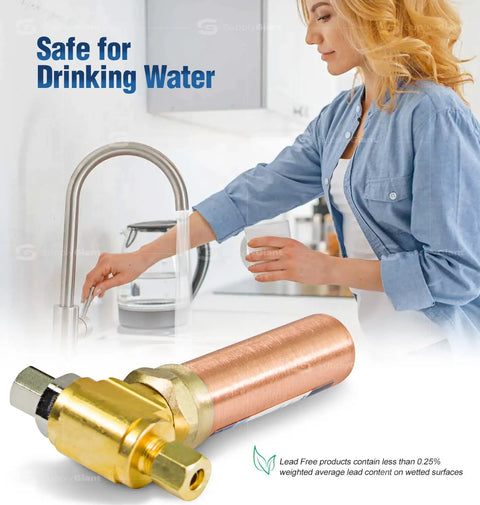 Copper 1/4 Inch Compression Tee Hammer Arrestor For Water Hammer Prevention shown by a faucet, easy to install