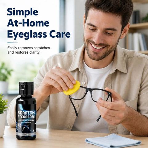 Man using 30ml Eyeglass Scratch Repair Kit With Sponge Polishing Compound Quick Fix For Glasses And Screens on eyeglasses