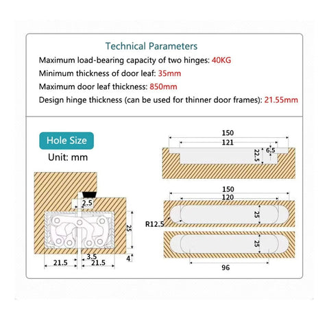 Technical diagram for Beefy 6 Inch Hidden Door Hinge Set Concealed Zinc Alloy With Silent Hydraulic Buffer dimensions.