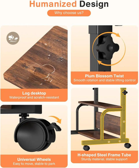 Portable Rolling Desk On Wheels With Adjustable Height, 32 Inch Computer Desk features waterproof top and storage shelves