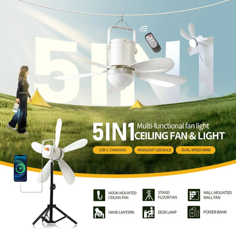 21 Inch Ceiling Fan With Light Go-To Outdoor Powerhouse With 21600mAh Rechargeable Battery USB C Fast Charge DC Brushless Quiet Motor Remote Control And Three Installation Modes For Gazebo Patio Camping Tent Garage RV Emergency Use with multiple installation options.