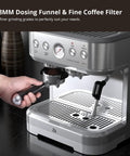 Top Shelf Home Espresso Machine With Built In Conical Burr Grinder 15 Bar Pump Dual PID Temp Control And Auto Milk Frother 85 Oz Tank, showing 58MM dosing funnel and portafilter.