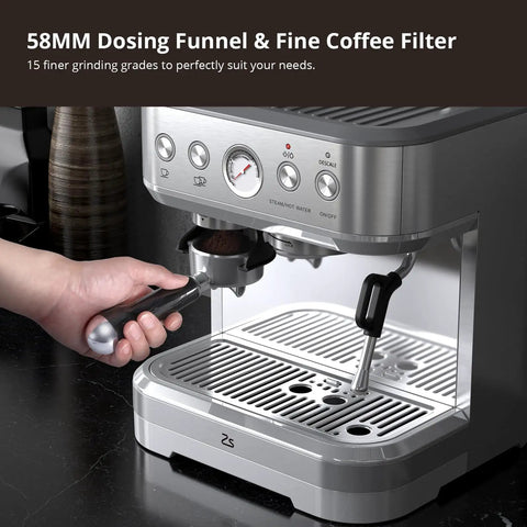 Top Shelf Home Espresso Machine With Built In Conical Burr Grinder 15 Bar Pump Dual PID Temp Control And Auto Milk Frother 85 Oz Tank, showing 58MM dosing funnel and portafilter.