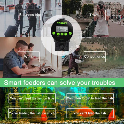 Programmable Automatic Fish Feeder With Digital Timer And Usb Rechargeable Design For Aquarium Tanks with settings displayed.