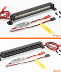 Front and back views of Beefy 30 LED 5.3 Inch Aluminum Roof Light Bar For RC Crawlers, includes wiring and mounting hardware.