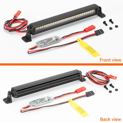 Front and back views of Beefy 30 LED 5.3 Inch Aluminum Roof Light Bar For RC Crawlers, includes wiring and mounting hardware.