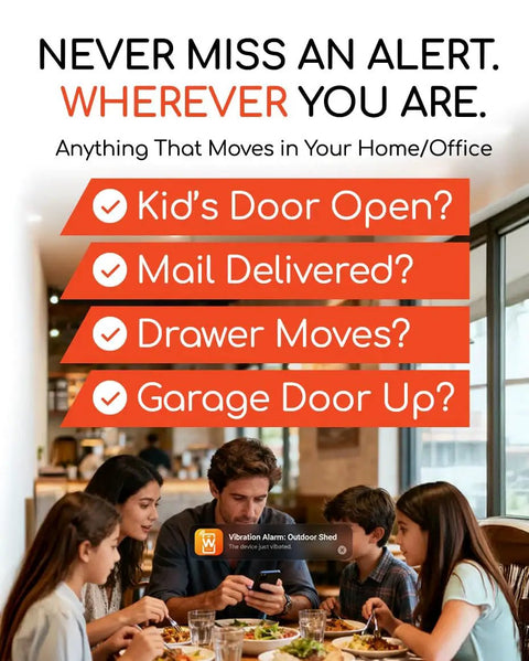 Stick Anywhere Mini Motion Sensor Alarm For Doors, Windows, Jewelry Boxes, Safes, And Mailboxes, Instant Phone App Alerts, Audible Or Silent Modes, No Tools, Easy Setup For Smart Home Security, phone alert over family at table