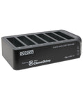 Heavy Hitter USB Three Zero Six Bay Hard Drive Duplicator fits two point five and three point five inch SATA drives, sleek black design.