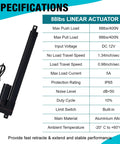 Specifications for Beefed Up 16 Inch 12V Linear Actuator With 1.34 Inches Per Second Speed 88 Lbs Load IP65 Waterproof