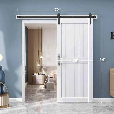 Installed White Barn Door 38 X 84 inches with Sliding Door Hardware Kit, solid wood, waterproof PVC surface, H Frame style