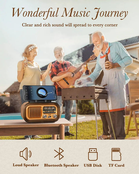 J-150 Portable Radio AM FM SW Bluetooth Speaker With Retro Vintage Transistor Look Rich Sound And Solar USB Charging Plus Battery Backup TWS True Wireless Stereo Supports TF Card And USB Playback next to group enjoying music outdoors