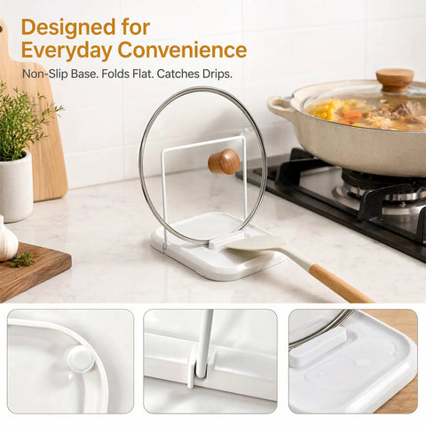 Say Goodbye To Soggy Counters With This Foldable Pot Lid Holder And Spoon Rest Durable Slow Cooker Stand Non Slip Design Secures Hot Glass Metal Lids Effortless Cleanup Kitchen Pro White, compact white holder on counter.