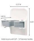 Smooth Broom And Mop Gripper Organizer With Adhesive Strips, dimensions shown, white and gray holder for 0.8-1 inch handles.