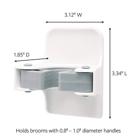 Smooth Broom And Mop Gripper Organizer With Adhesive Strips, dimensions shown, white and gray holder for 0.8-1 inch handles.