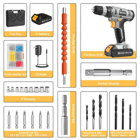 Killer 20V Cordless Drill Set With 2.0 Ah Battery And Charger 30 Nm Torque includes drill, accessories, and battery.