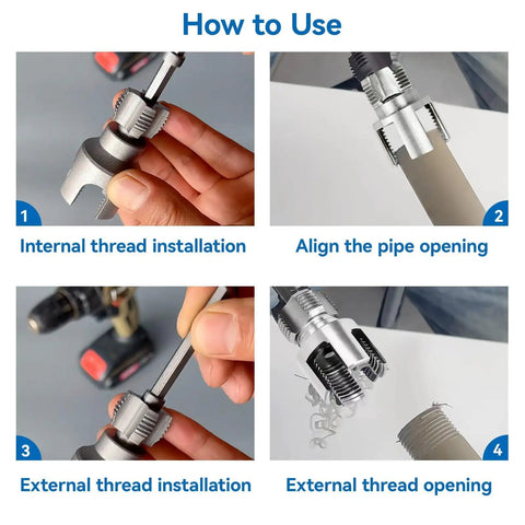 1 2 3 4 Inch Pipe Threading Tool Set Quick Cut Die For Pvc Steel Copper Internal External Threading Heavy Duty Reamer Kit For Plumber Maintenance And Diy Repairs Stop Leaks Fast Easy Install installation steps showing internal and external threading process