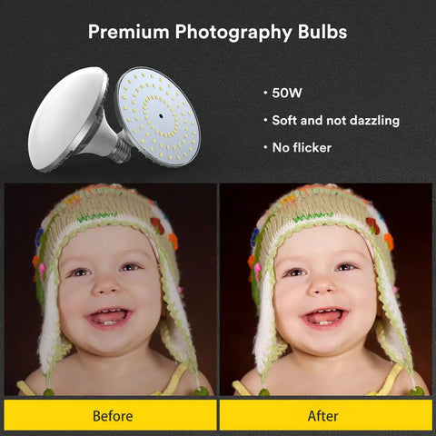 Premium photography bulbs, before and after using 50W soft daylight LED bulbs with no flicker, showcasing improved portrait lighting.