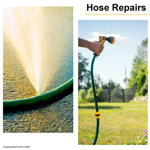 No-Fuss Garden Hose Repair Kit For Five Eighths And Three Quarters Inch Hoses - water spraying from green hose nozzle