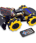 4WD robot kit with yellow mecanum wheels, black chassis, LCD1602 display, and remote control.