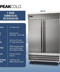 Double Door Commercial Refrigerator With 47 Cu Ft Capacity, 54 Inch Wide Stainless Steel Reach-In Upright Fridge with specifications displayed.