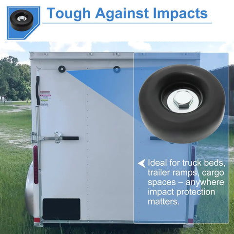 Beefy Heavy Duty Round Rubber Foot Pads 2.5 Inch Anti Vibration Dampeners attached to trailer in outdoor setting