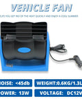Compact 12V Auto Cooling Fan With Cigar Lighter Plug And Dual Speed Controls For Chill Vibes No Sweat Heat Defense Tiny Frame Massive Airflow Ultra Quiet Motor Ready For Road Trips, front view with blue base and black fan.