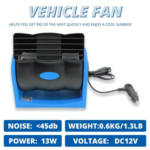 Compact 12V Auto Cooling Fan With Cigar Lighter Plug And Dual Speed Controls For Chill Vibes No Sweat Heat Defense Tiny Frame Massive Airflow Ultra Quiet Motor Ready For Road Trips, front view with blue base and black fan.