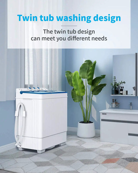 Slick Portable Twin Tub Mini Washing Machine Handling A Fast 26 Lbs Wash And Spin Cycle Semi Automatic Setup With Straightforward Drain Pump in a modern setting.