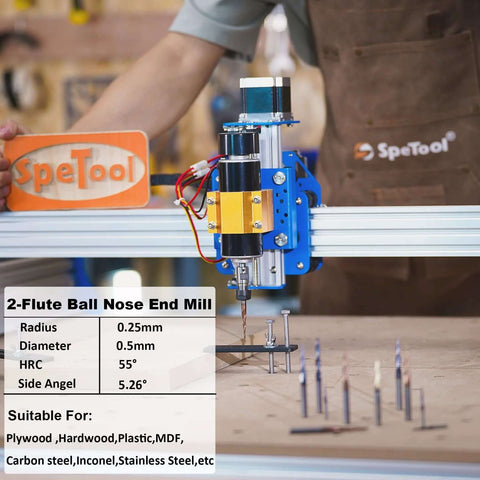 SpeTool 4‑pc tapered ball nose end mill set on blue CNC router; 0.5 mm diameter, 0.25 mm radius.