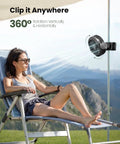 Portable Camping Fan With LED Lantern, 360 Degree Rotation, Clip On For Desk Or Tent, in use outdoors