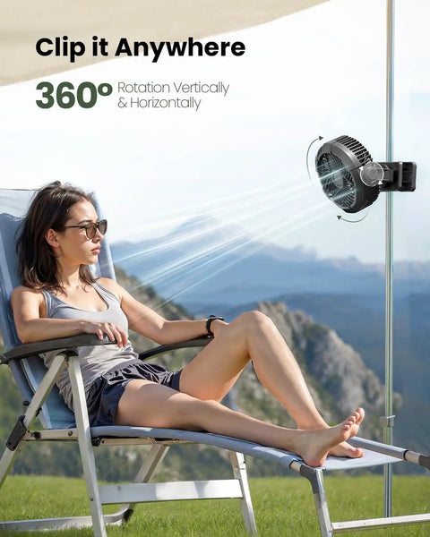 Portable Camping Fan With LED Lantern, 360 Degree Rotation, Clip On For Desk Or Tent, in use outdoors