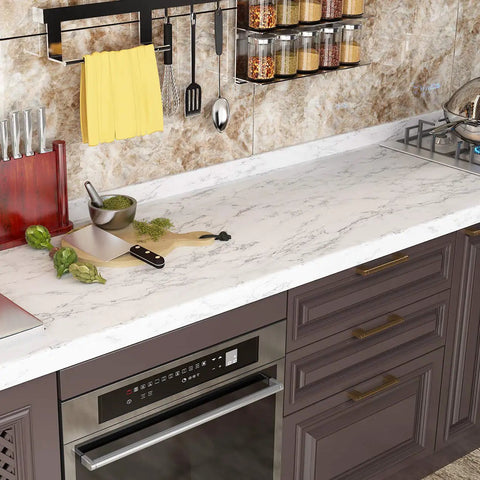 Kitchen countertop featuring Charcoal Grey Marble Contact Paper Peel And Stick Self Adhesive Waterproof Vinyl For Countertops Desks And Furniture Thick Removable Marble Wall Covering 36x200 Inches.
